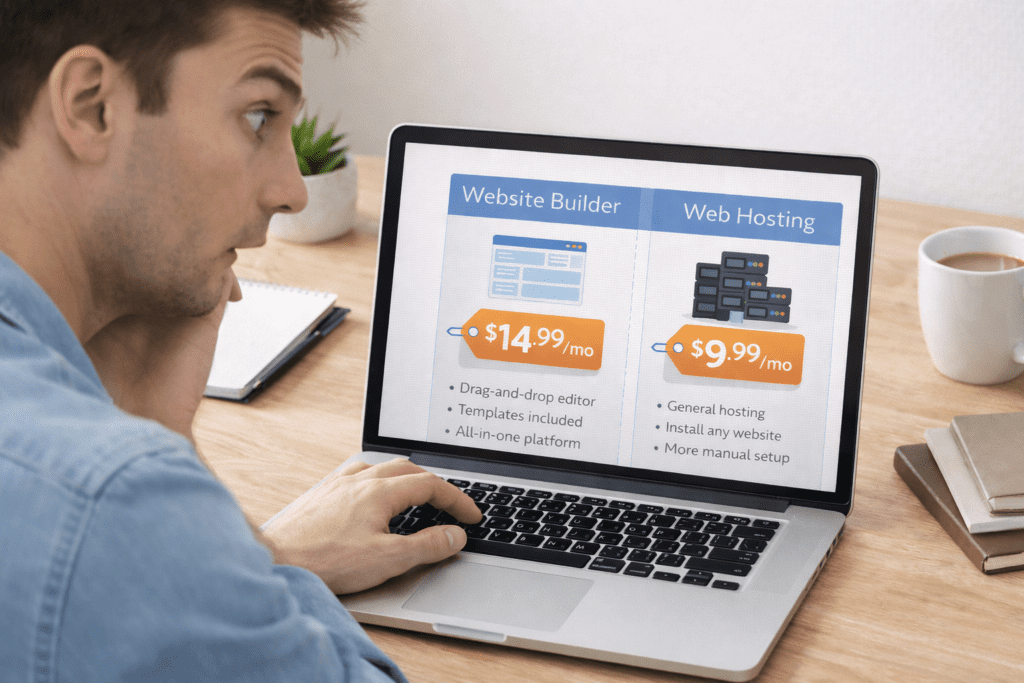 Man comparing website builder vs web hosting prices on a laptop screen.