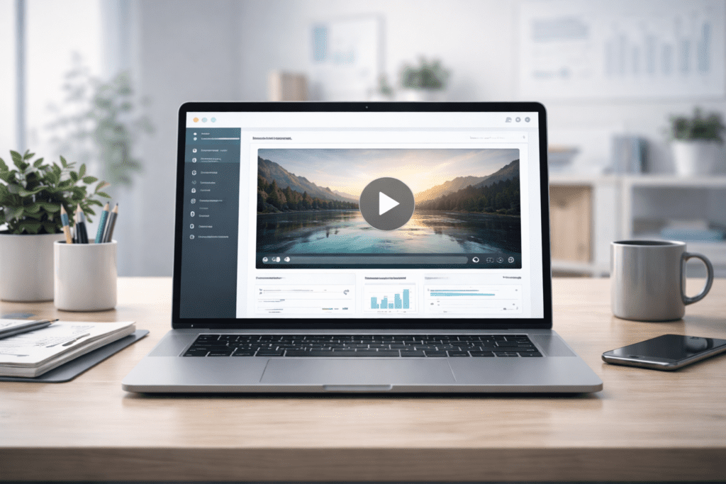 Video web hosting services dashboard displayed on a laptop screen