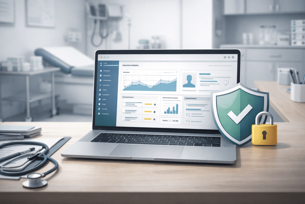 Laptop displaying patient data dashboard with security shield, representing HIPAA Compliant Web Hosting for healthcare websites.