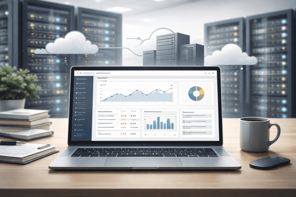 Laptop displaying analytics dashboard connected to cloud servers for ColdFusion Hosting.