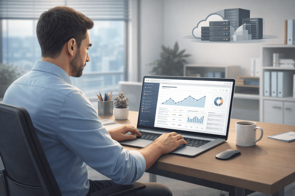 Small business owner managing website dashboard on laptop with web hosting server illustration