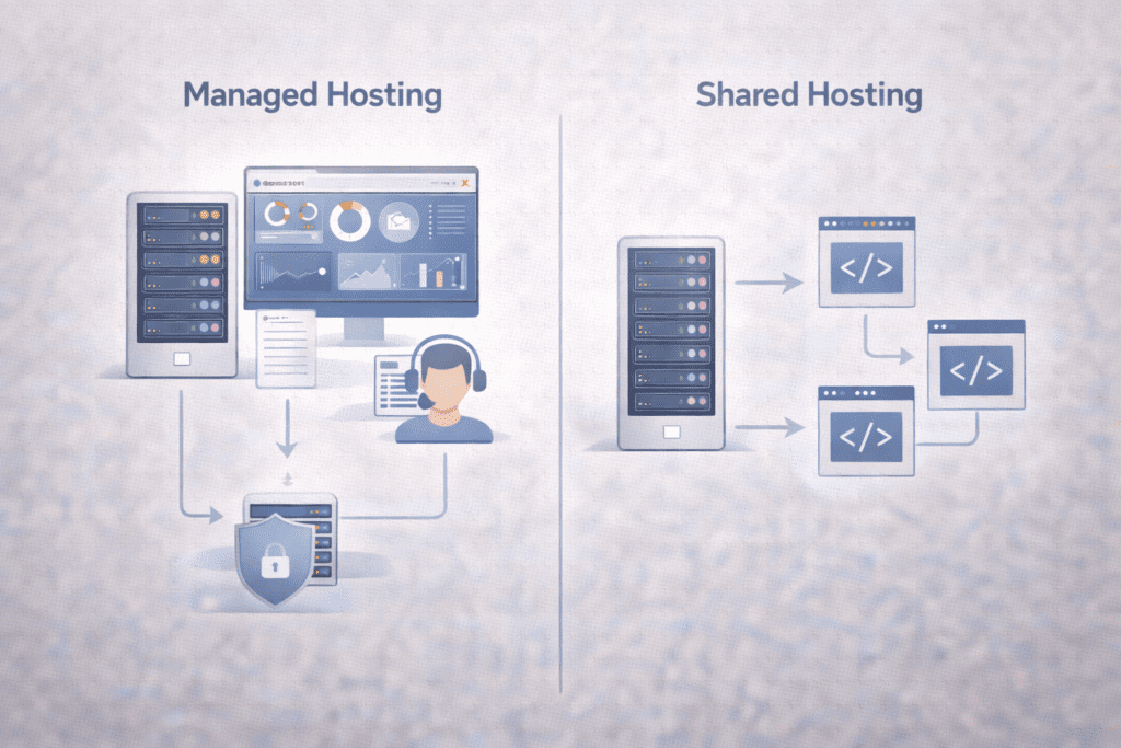 Managed vs Shared Hosting comparison showing support, security, and server setup differences