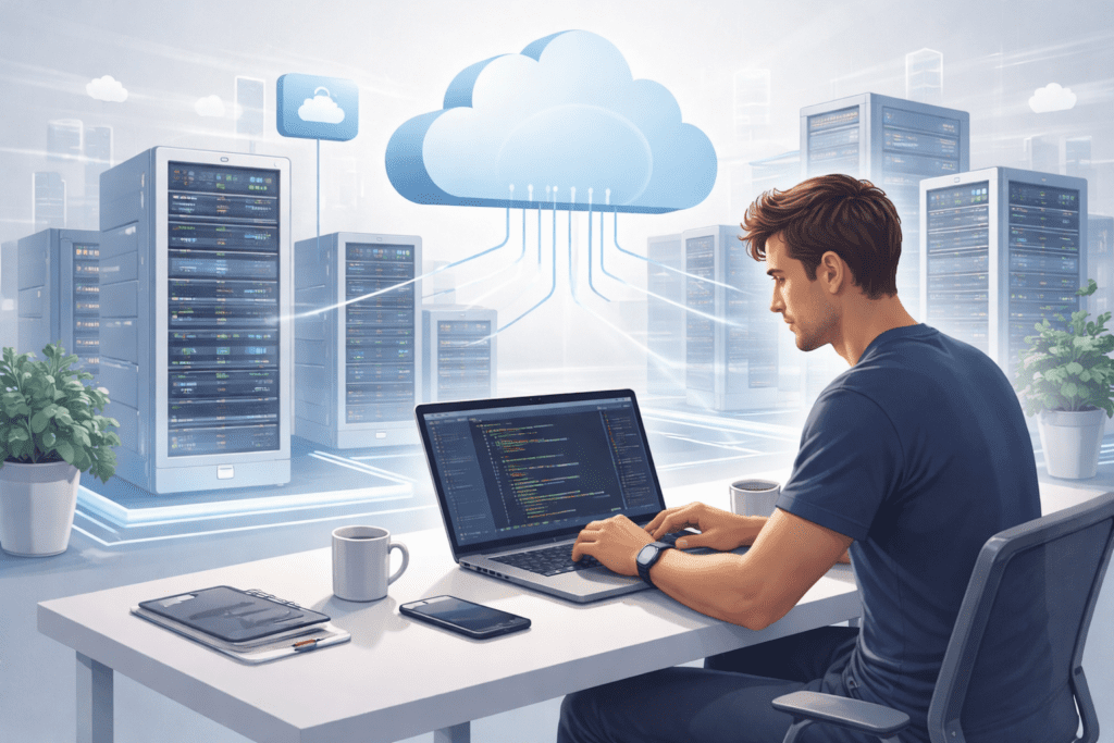 Developer working on cloud servers using modern hosting for developers