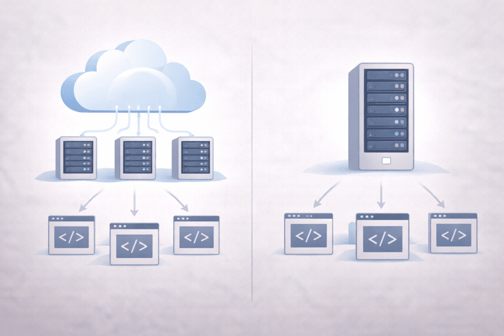 Cloud hosting network compared to traditional single server setup