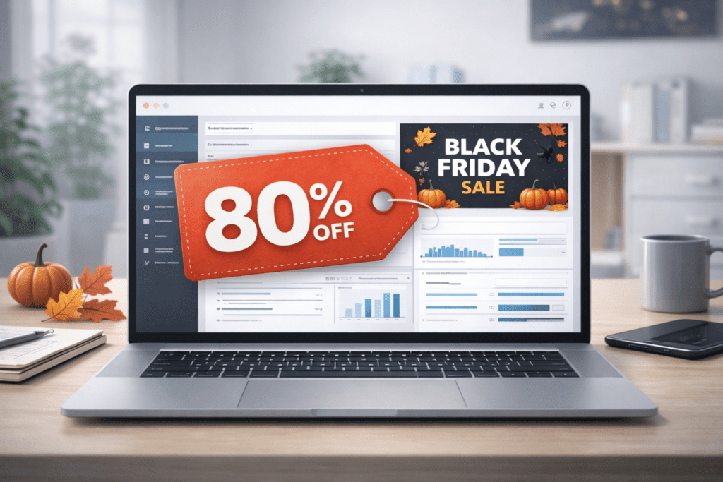 80% off Black Friday web hosting deal displayed on laptop screen