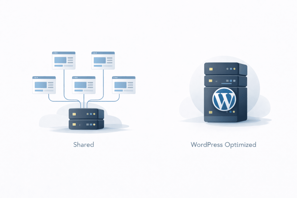 Shared hosting vs WordPress optimized hosting server comparison illustration