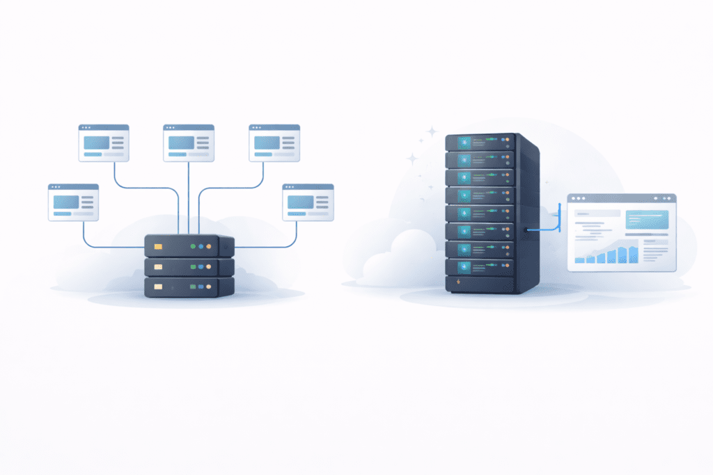 Shared hosting vs dedicated hosting server performance comparison illustration