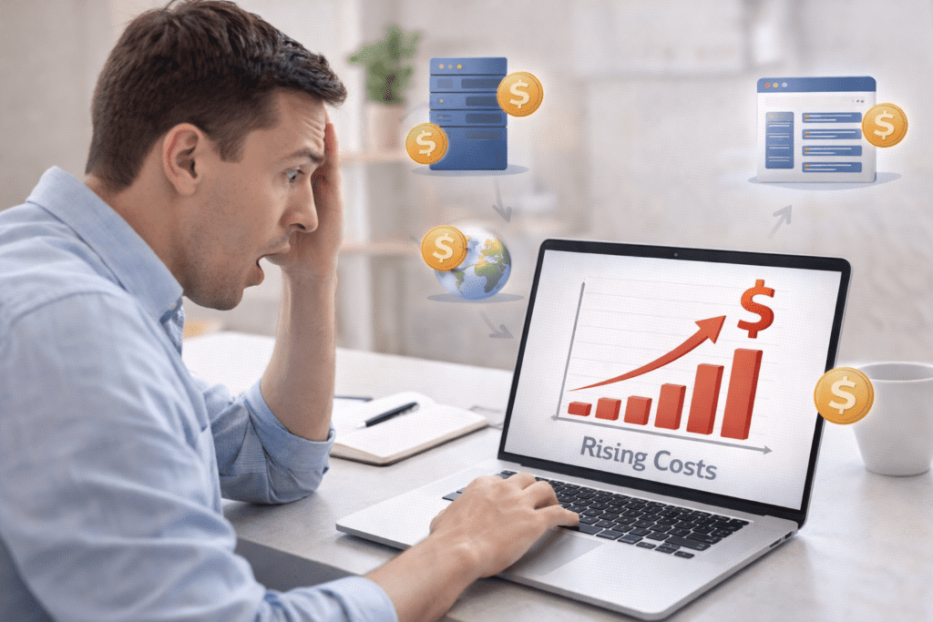 Cost of Hosting a Website showing rising expenses on laptop chart in 2026