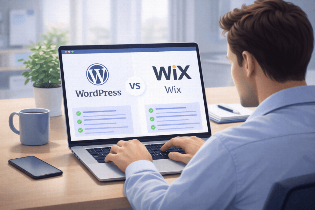 Blogger comparing WordPress vs Wix on a laptop while choosing the best blogging platform in 2026