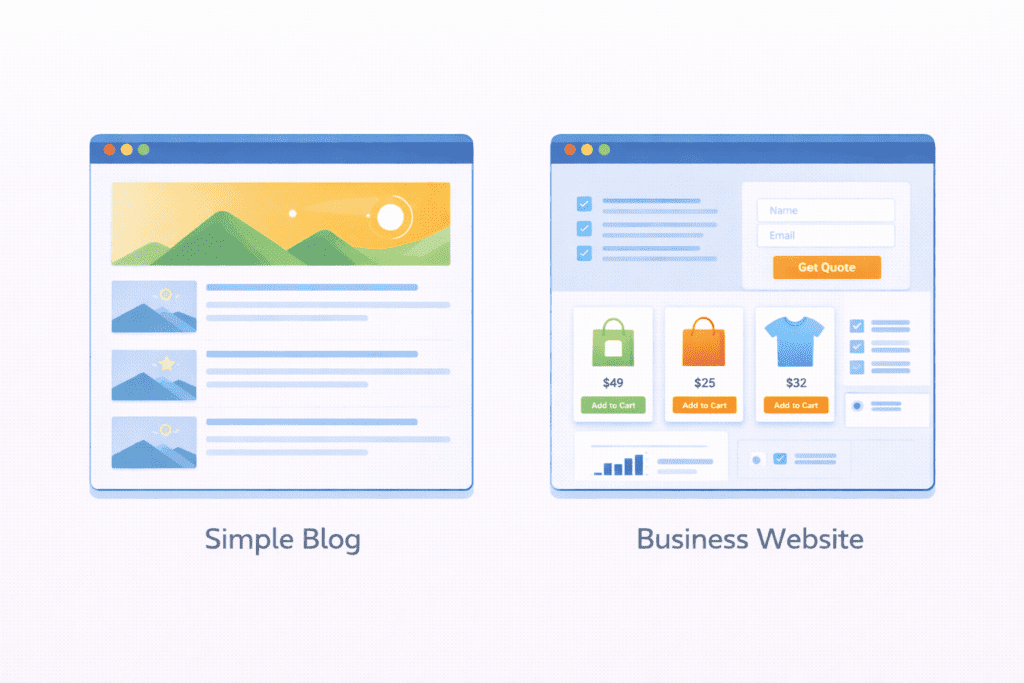 Simple blog website compared with a business website layout