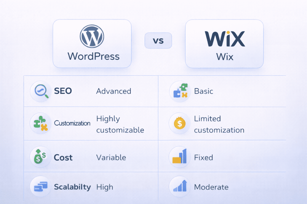 WordPress vs Wix comparison showing SEO, customization, cost, and scalability for bloggers