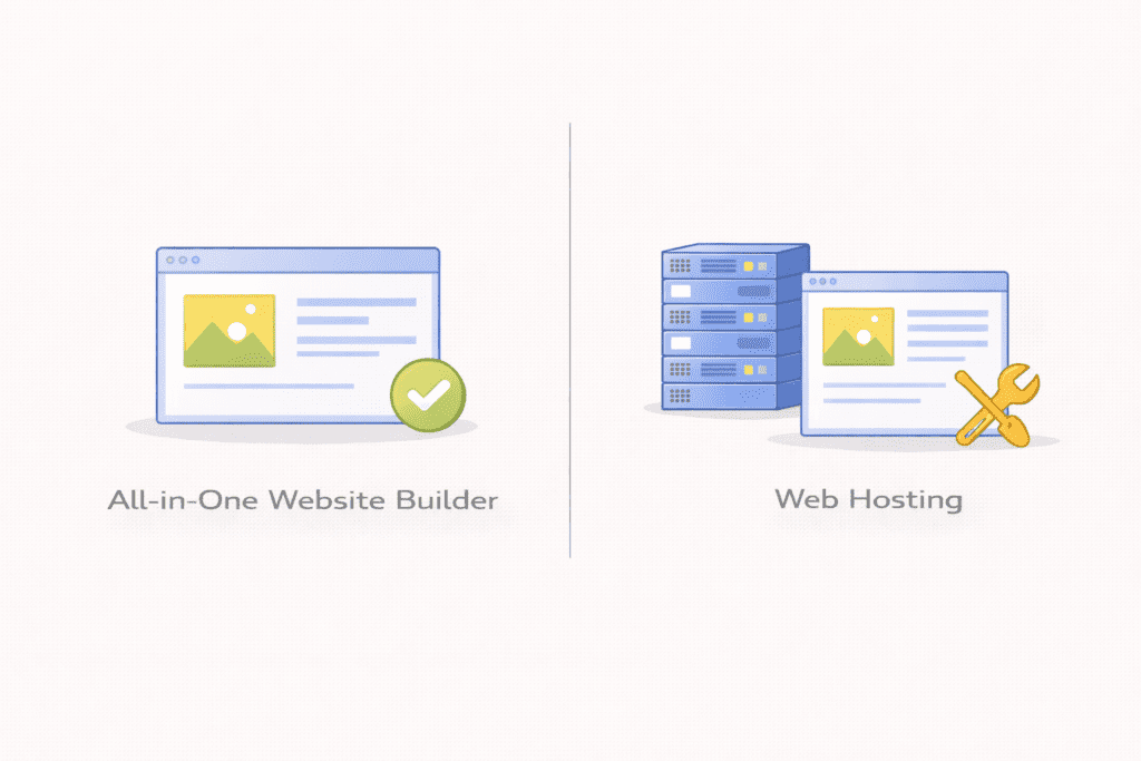 All-in-one website builder compared to web hosting with simple icons.