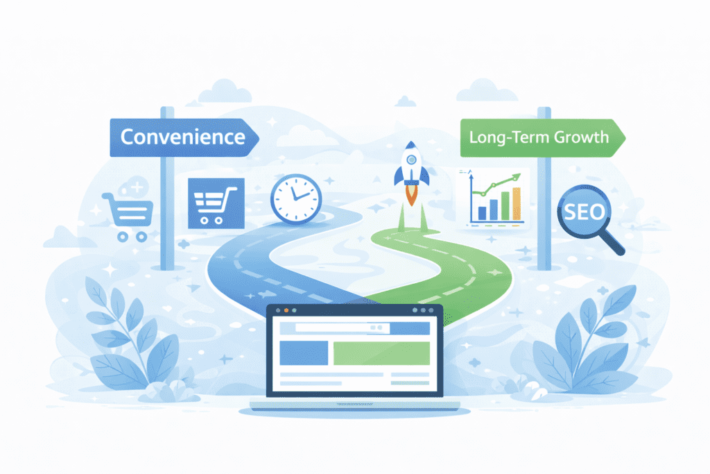 Visual showing convenience versus long-term growth when choosing WordPress vs Wix for blogging
