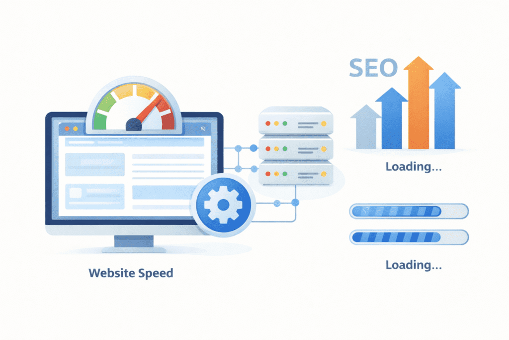 Website speed and SEO performance illustration comparing hosting server performance