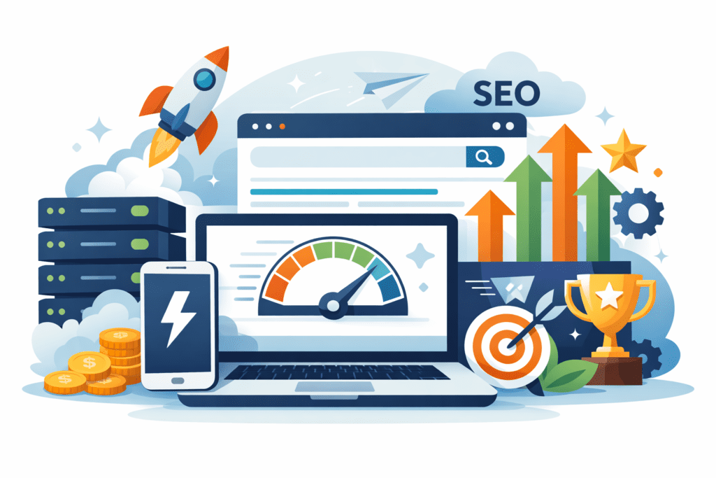 Web hosting illustration showing SEO growth, fast speed, and website performance tools