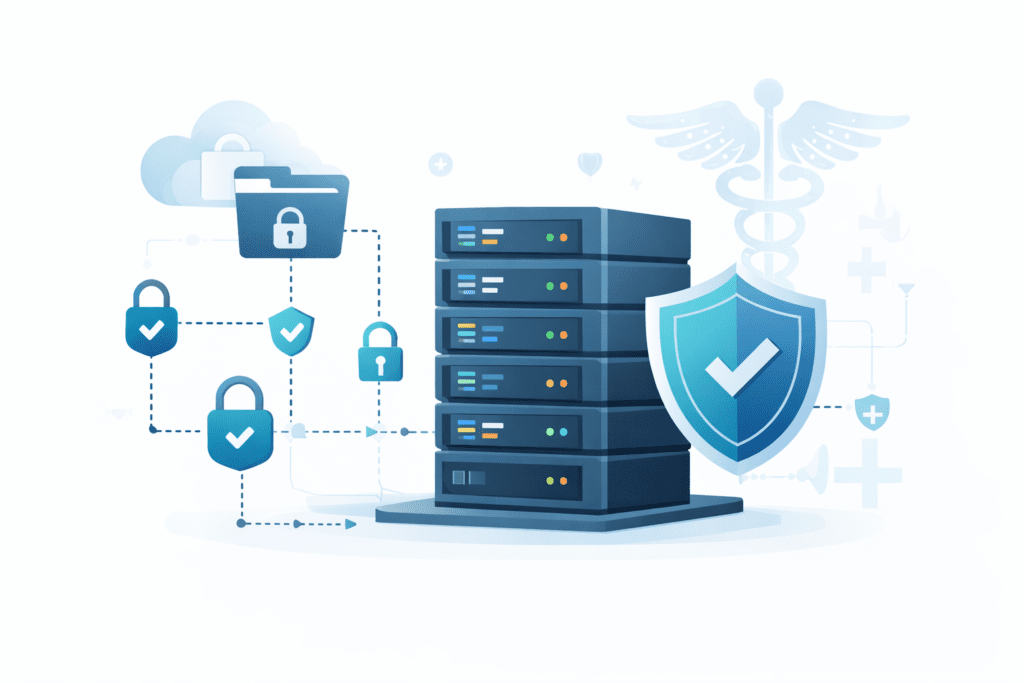 Secure server stack with lock icons illustrating HIPAA Compliant Web Hosting and encrypted cloud storage.