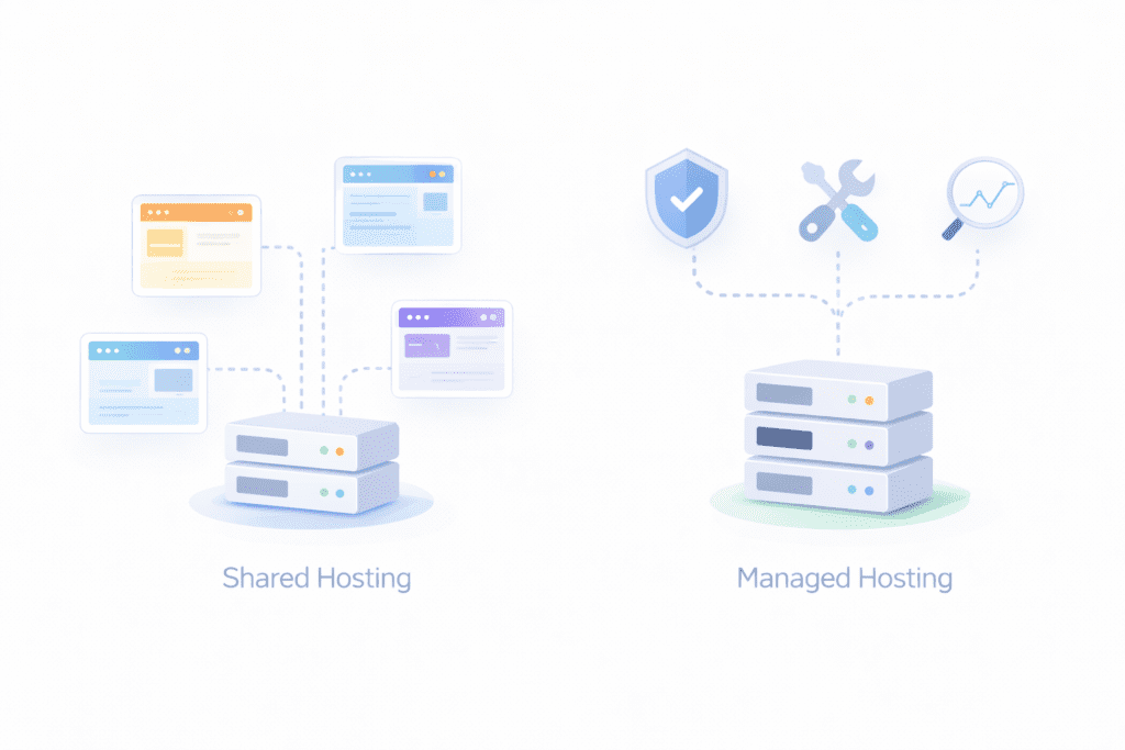 Shared hosting vs managed hosting server setup and security features