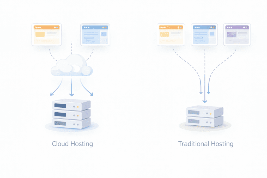 Cloud Hosting vs Traditional Hosting server structure diagram