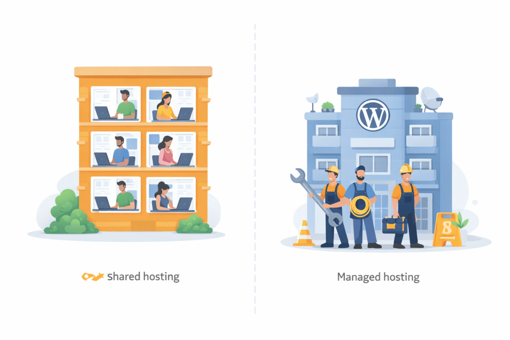 Shared hosting vs managed WordPress hosting comparison with users and support team