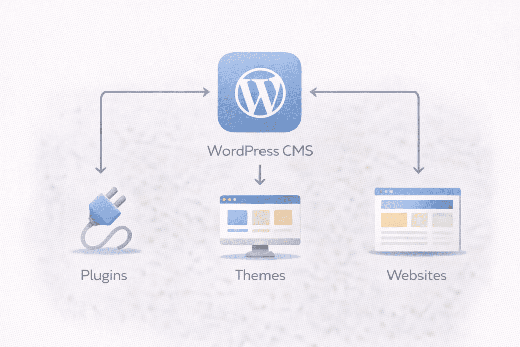 WordPress CMS connecting plugins, themes, and websites.