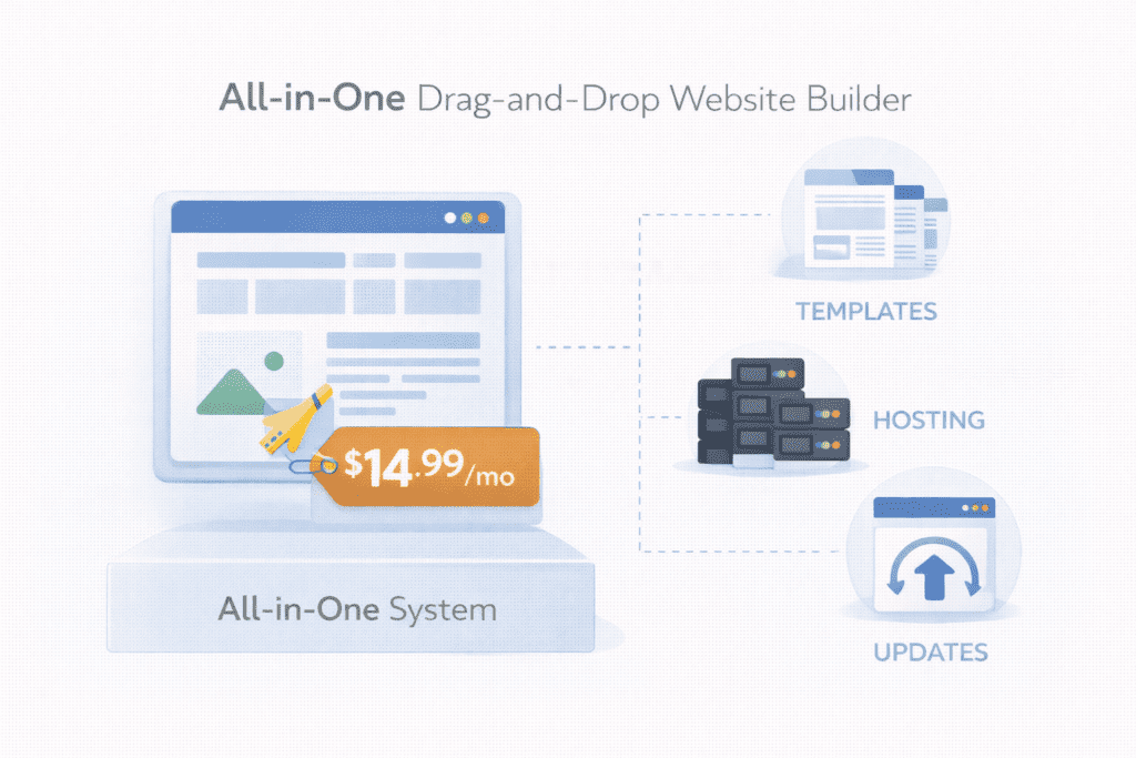 All-in-one drag-and-drop website builder with hosting, templates, and updates.