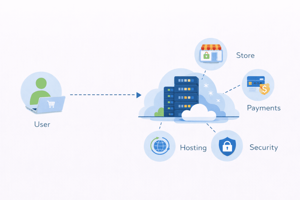 Ecommerce platform handling store, payments, hosting, and security in one system