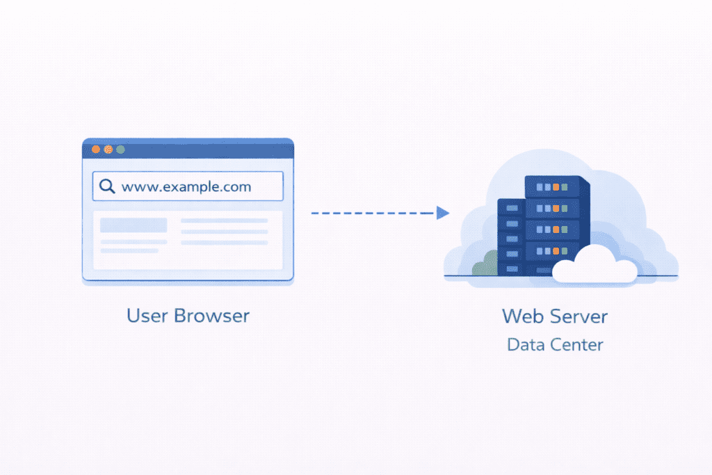 User browser sending a request to a web server data center