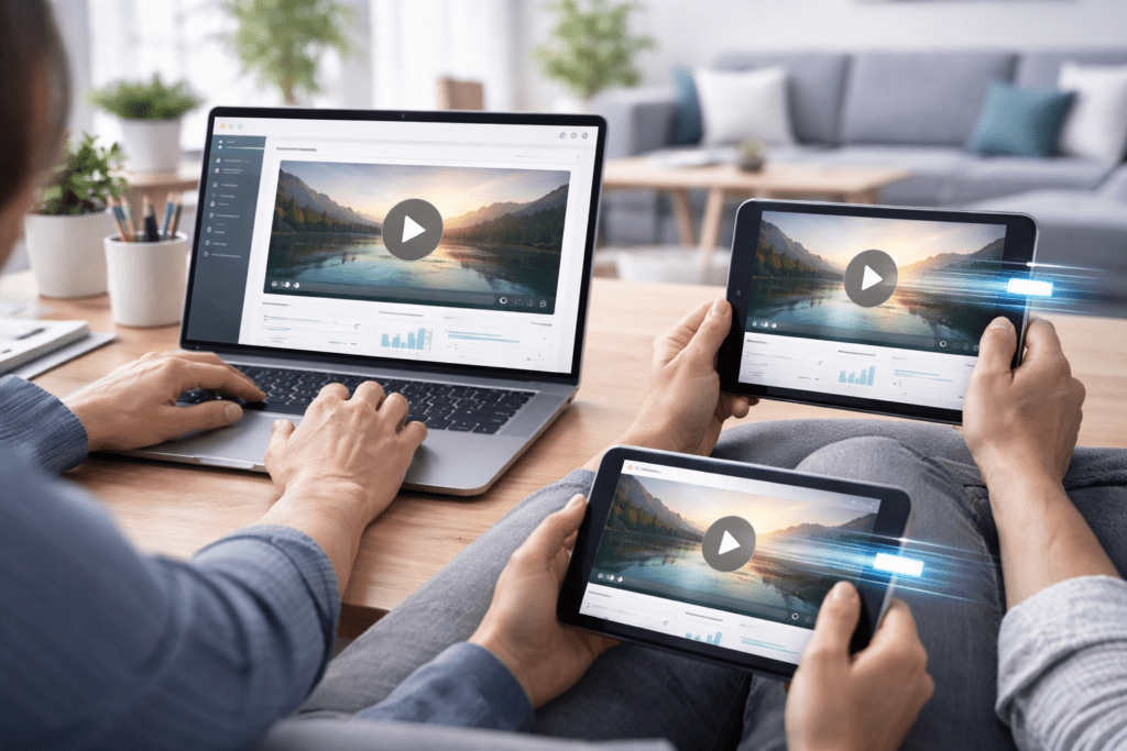 Video web hosting services streaming across laptop, tablet, and smartphone