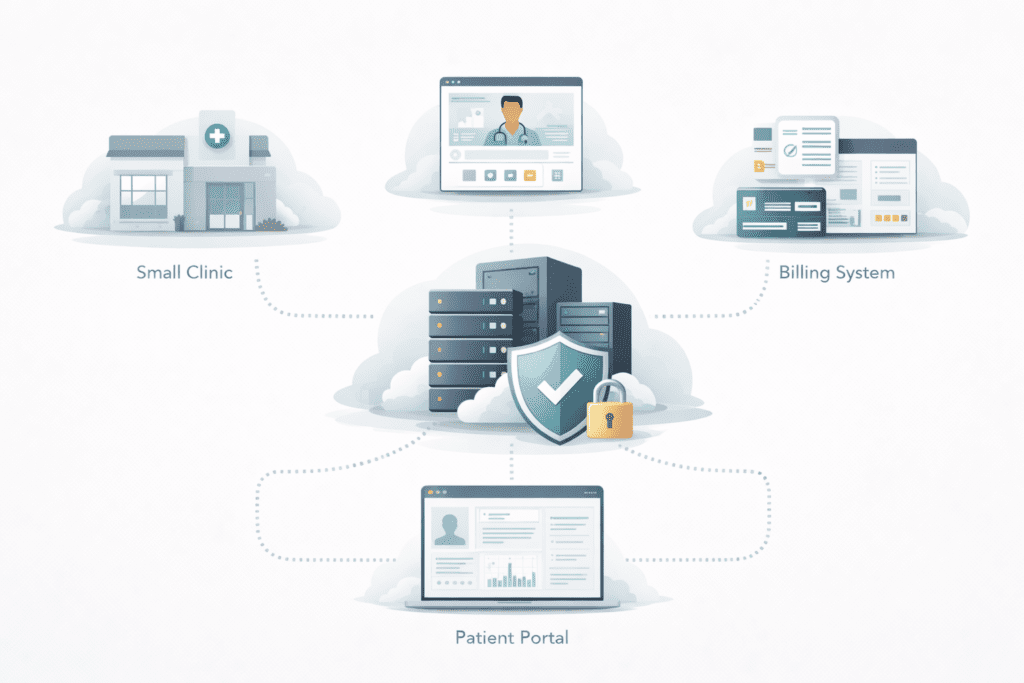 Healthcare systems connected to secure server showing how HIPAA Compliant Web Hosting protects clinics, billing systems, and patient portals.
