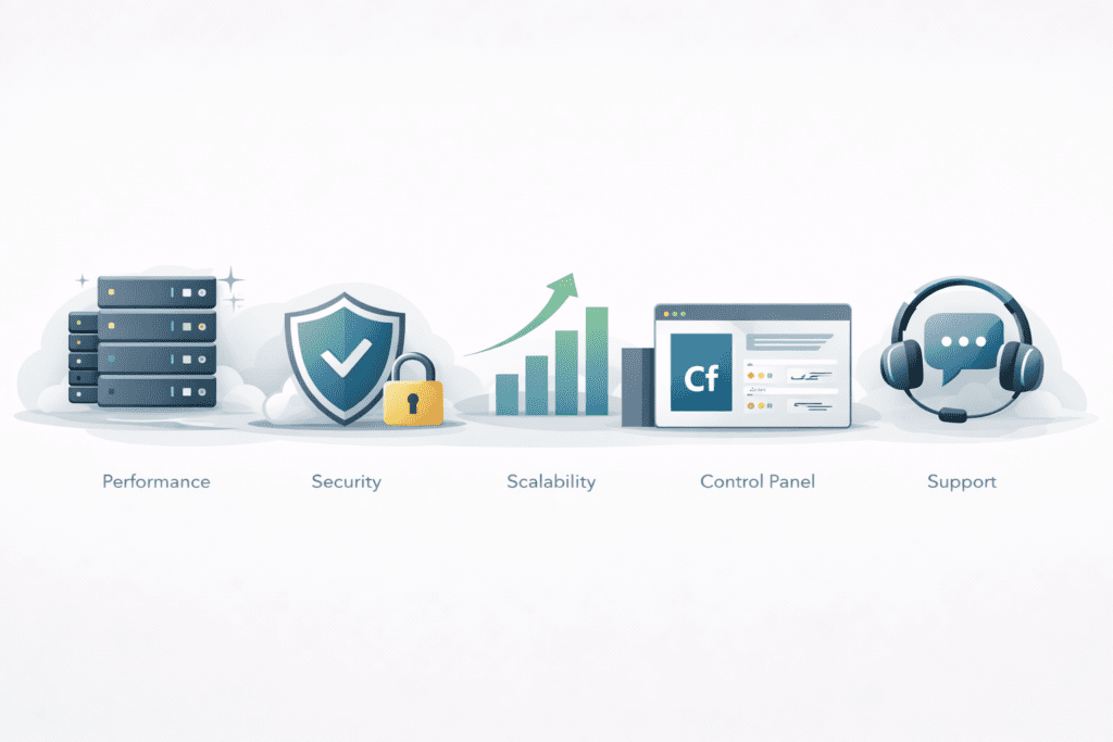 Key features of ColdFusion Hosting including performance, security, scalability, control panel, and support.
