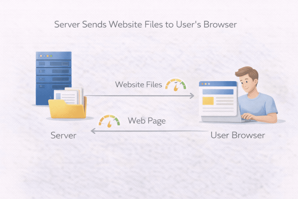 Server sending website files to a user browser.