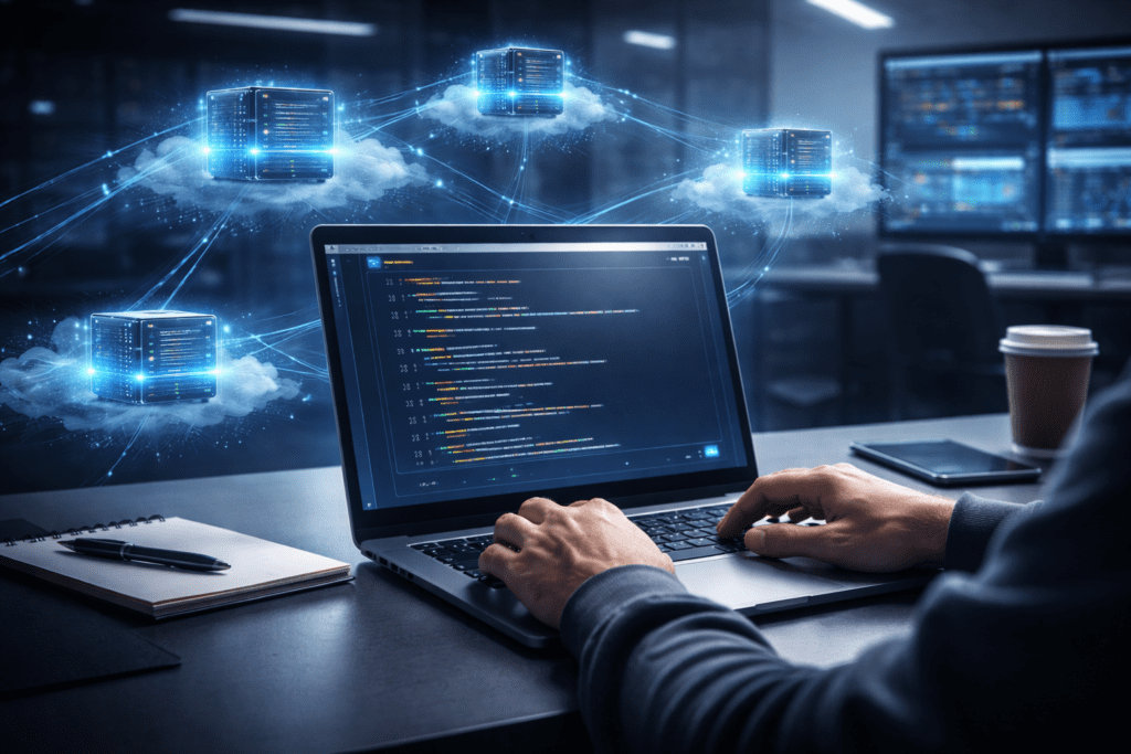 Developer testing applications on a free VPS hosting environment
