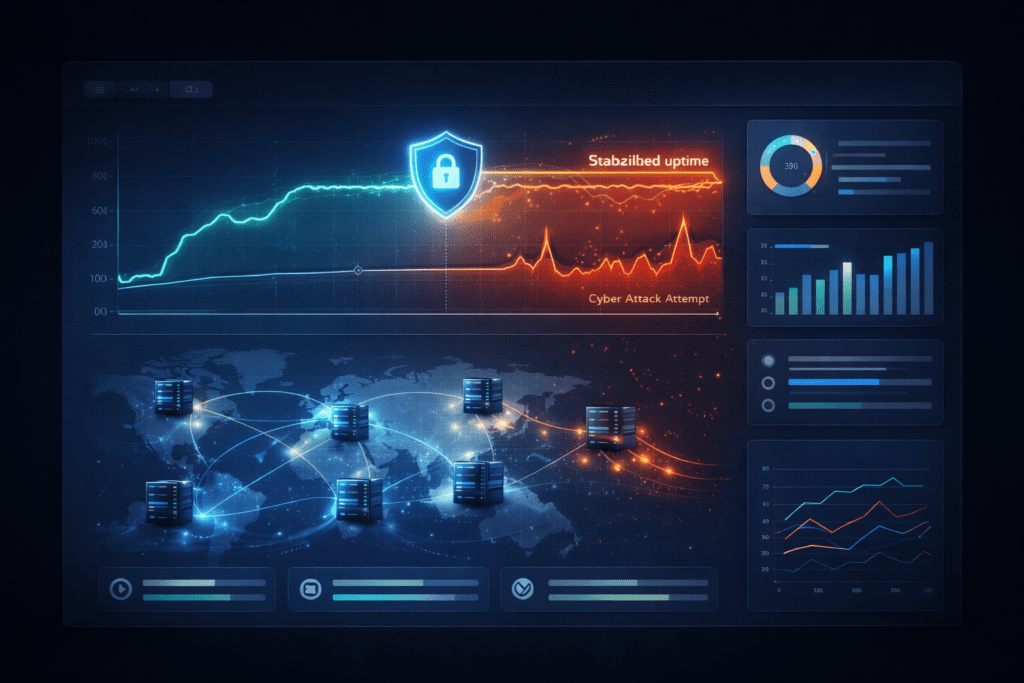 Server uptime and cyber attack monitoring dashboard for VPS hosting