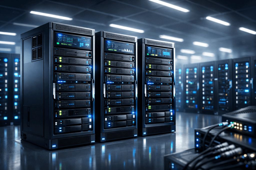 Modern data center with multiple server racks