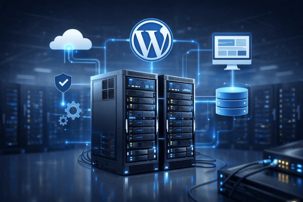 WordPress servers connected in a modern data center