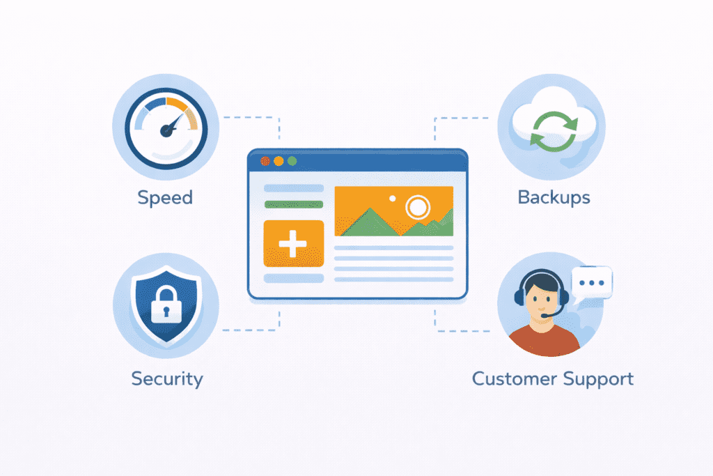 SiteGround hosting features including speed, security, backups, and support