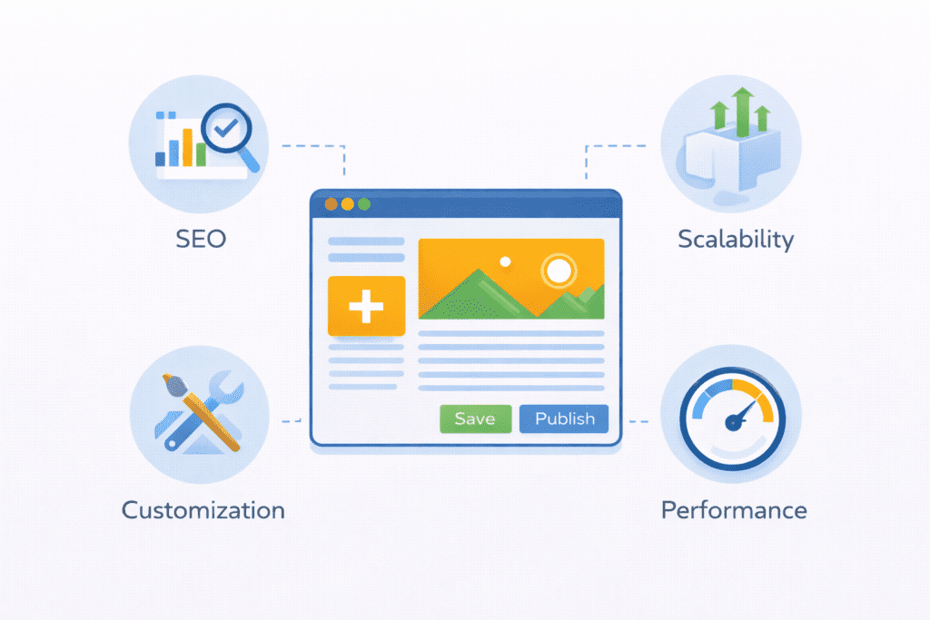 WordPress dashboard highlighting SEO, performance, customization, and scalability features