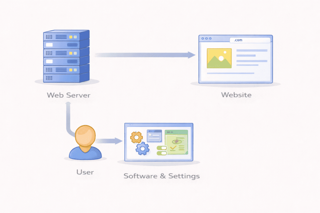 Web hosting process showing server, user, software, and website connection.