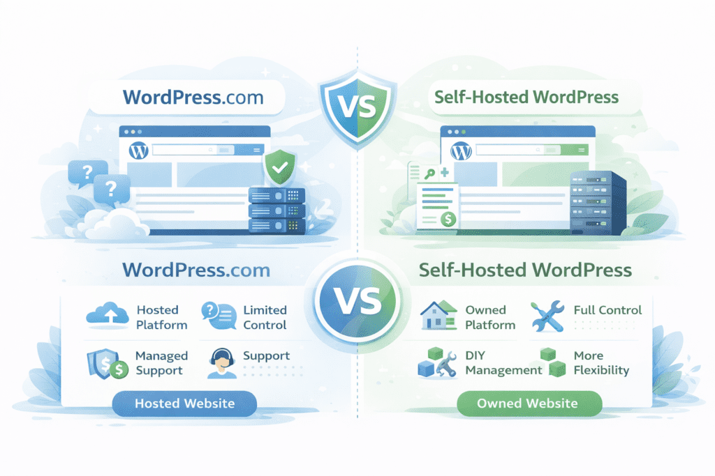 Comparison of WordPress.com vs self-hosted WordPress for bloggers in 2026