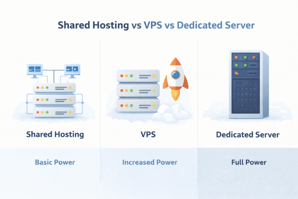 Shared hosting vs VPS vs dedicated server comparison illustration