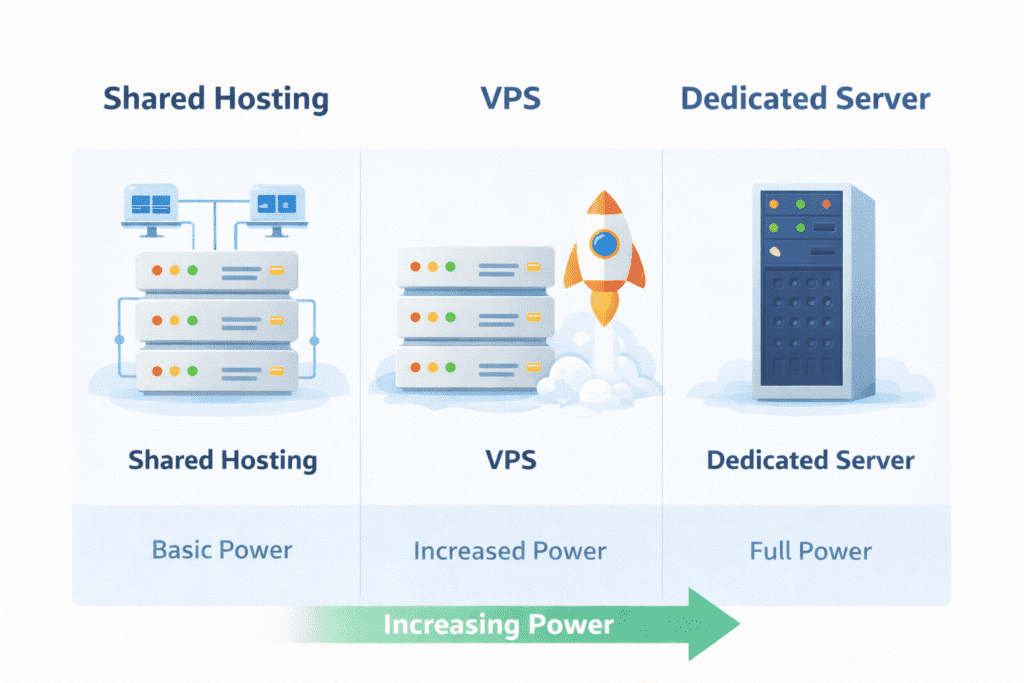 Shared hosting vs VPS vs dedicated server comparison chart