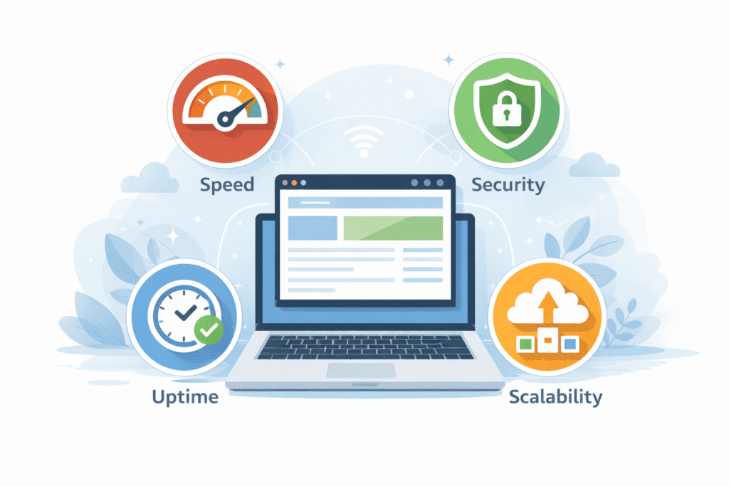 Web hosting features showing speed, security, uptime, and scalability for websites