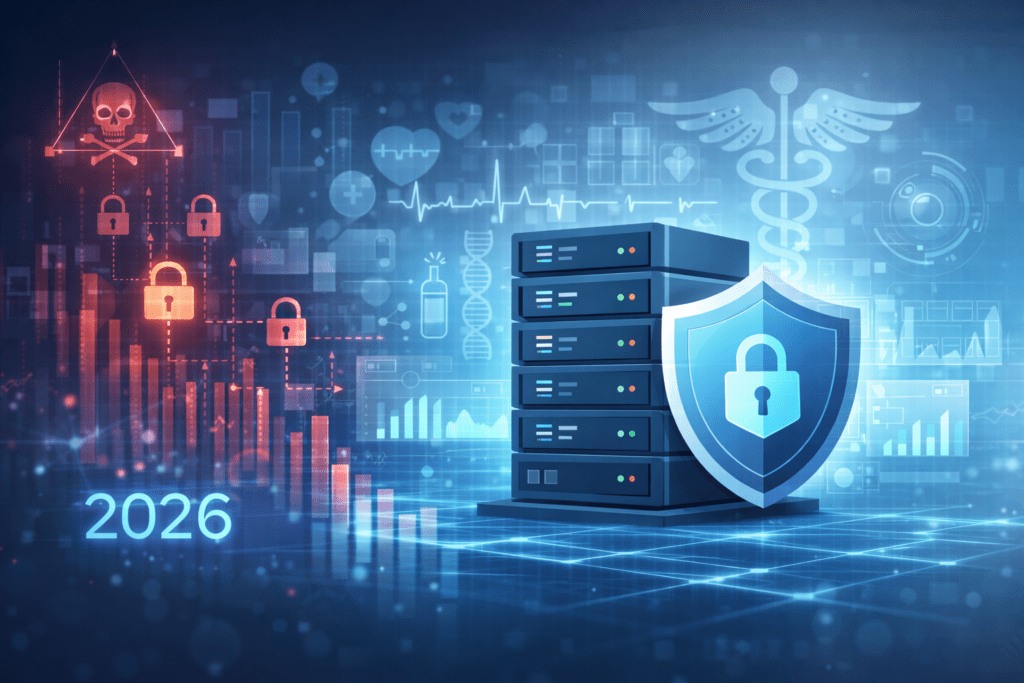 Cybersecurity threats and protected server shield representing HIPAA Compliant Web Hosting in 2026.