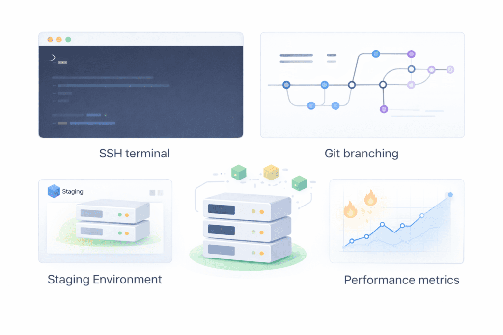 Developer hosting tools including SSH terminal, Git branching, staging, and performance metrics