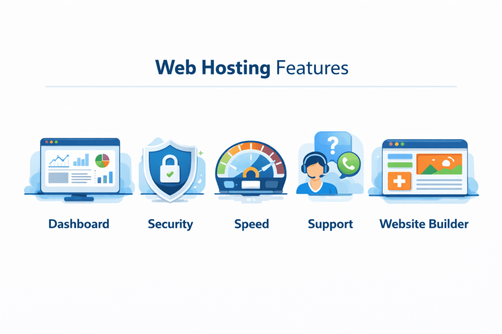 Web hosting features dashboard security speed support