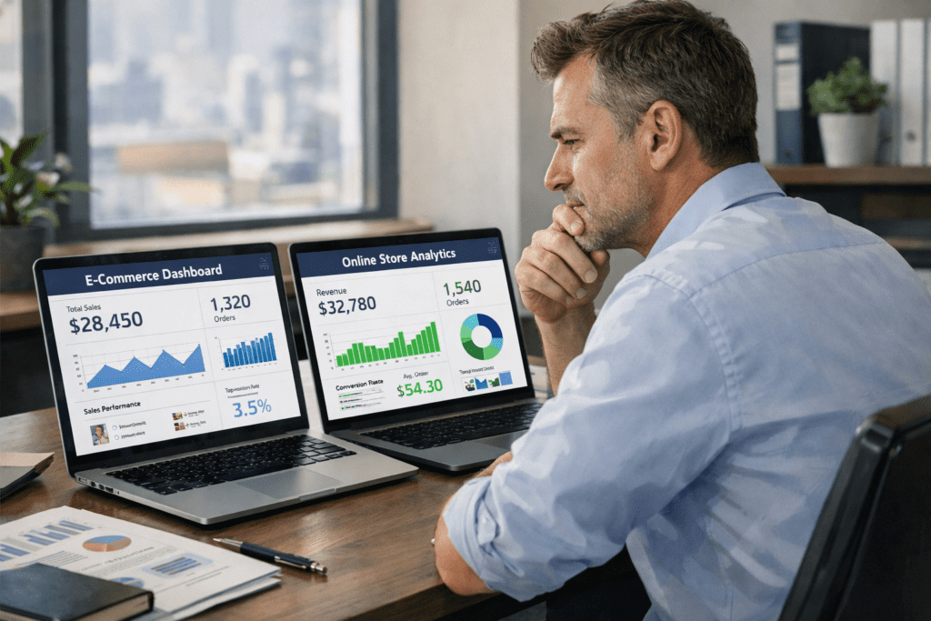 Store owner reviewing ecommerce analytics and sales performance on Shopify or BigCommerce