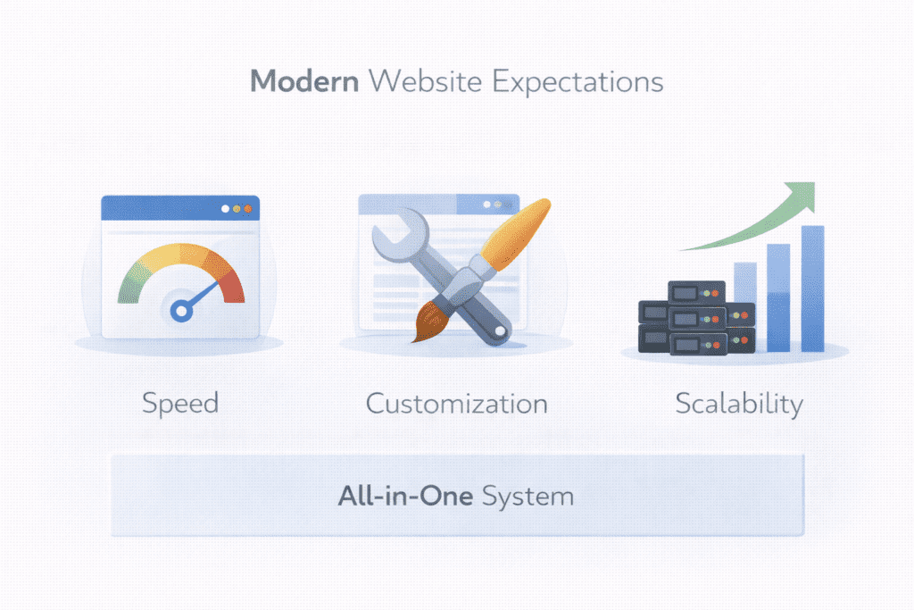 Modern website expectations showing speed, customization, and scalability.
