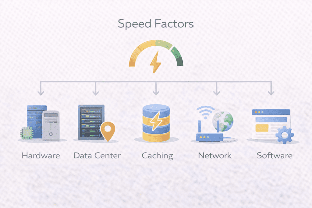 Web hosting speed factors including hardware, caching, and network.
