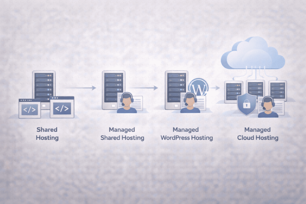 Types of hosting including shared hosting, managed hosting, WordPress hosting, and cloud hosting