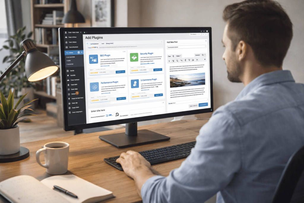 Blogger managing plugins and writing posts in the WordPress dashboard